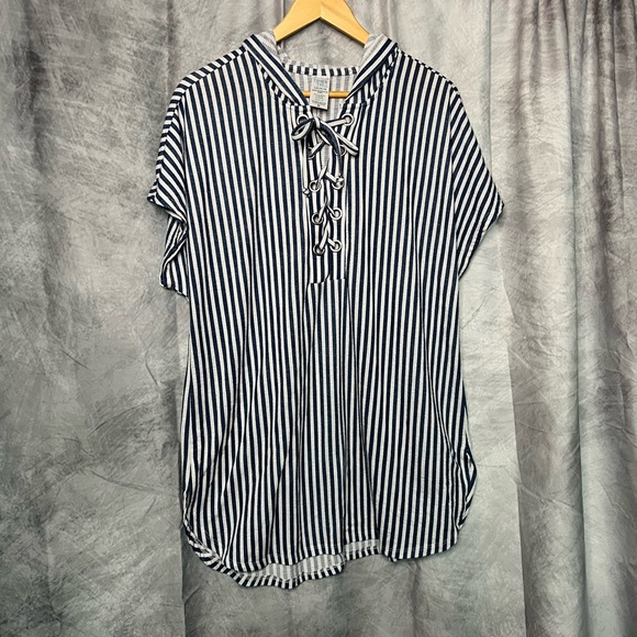 Time And Tru Denim Blue and White Striped Lace Front Hooded Swim Coverup - sz L - Picture 4 of 6